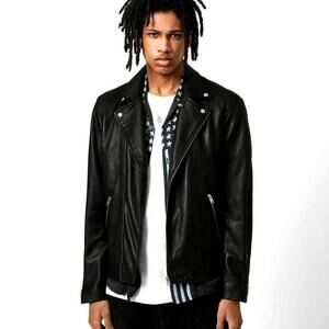 All Saints Lomi Sheep Leather Asymmetrical Zip Biker Moto Jacket Black Sz Medium